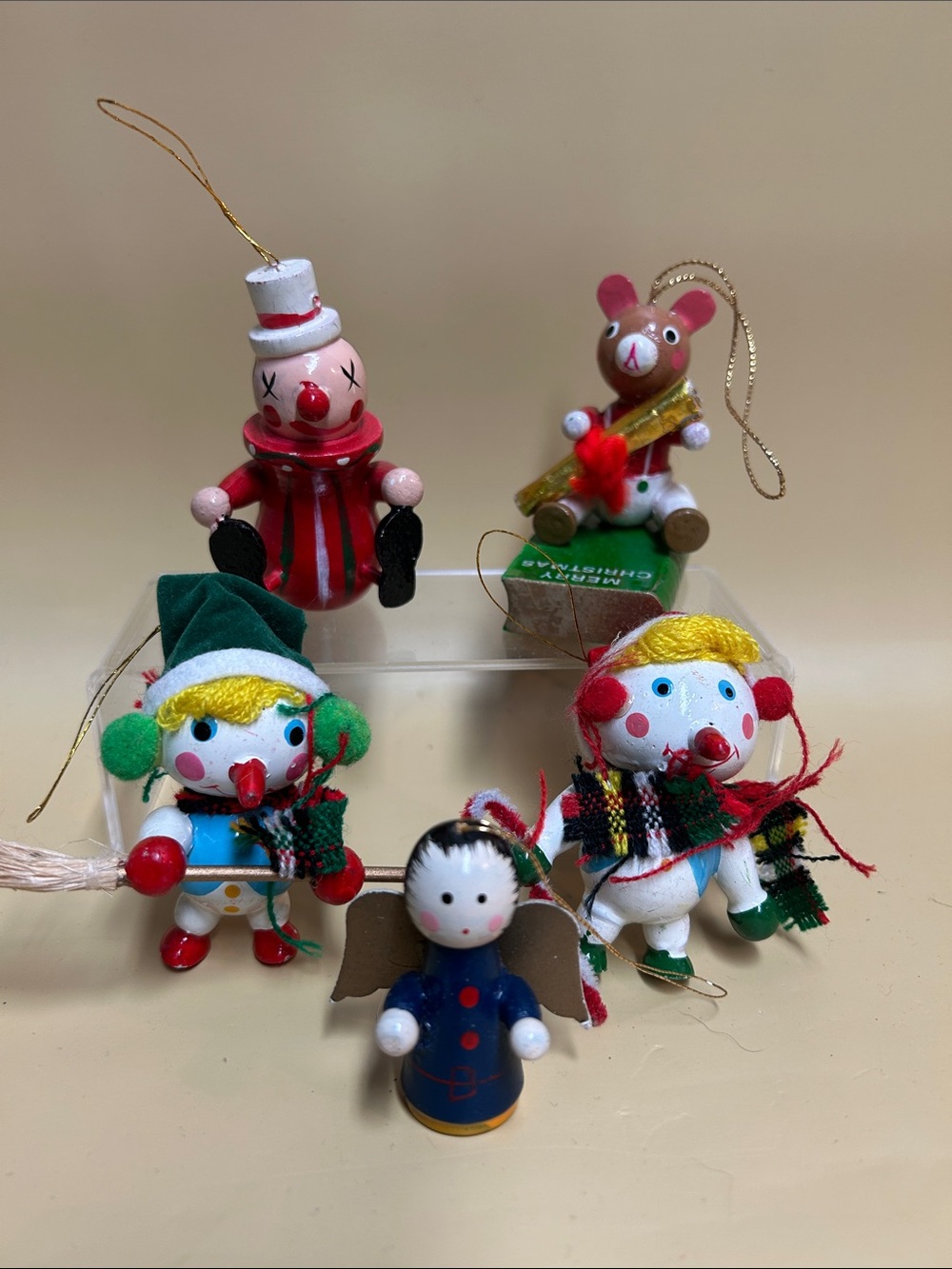 Hand Painted Vintage Wooden Ornaments 2.5” Set Of 5 Christmas Tree